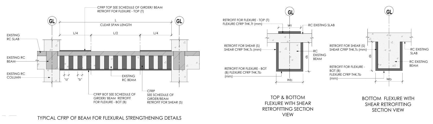Typical CFRP of beam for flexural strengthening details, with top & bottom flexure plus shear retrofitting section views