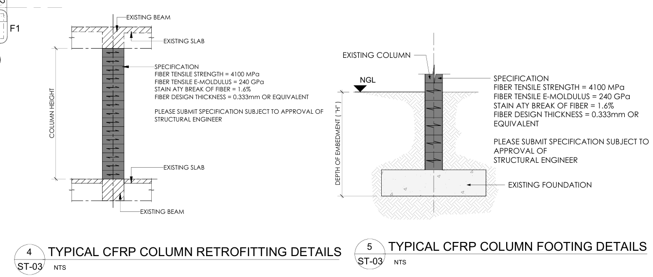 Typical CFRP column retrofitting details and typical CFRP column footing details, ST-03